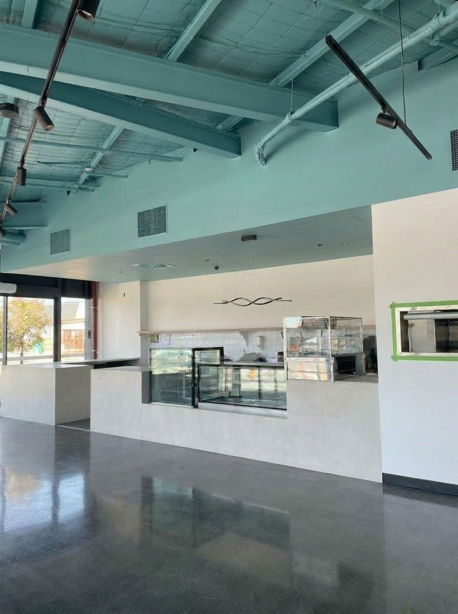 Cafe ceiling after, soft teal finish